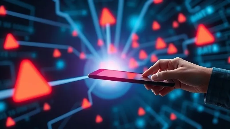 A photorealistic image of a digital funnel where data flows, with glowing red alert symbols appearing at various points, indicating potential leaks or blockages. A hand with a tablet is analyzing the flow. Cinematic lighting, sharp focus, 8K, professional photography, shot on a high-end DSLR.
