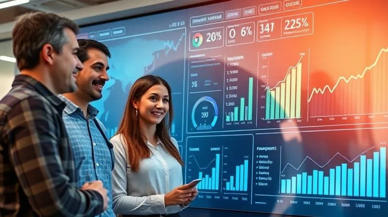 A photorealistic image of a business team looking at a large digital dashboard showing positive growth trends and seamless data flow, with expressions of satisfaction and accomplishment. Cinematic lighting, sharp focus, 8K, professional photography, shot on a high-end DSLR.