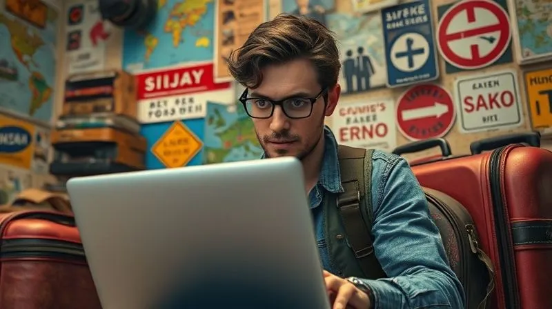A photorealistic image of a digital nomad looking slightly overwhelmed by a chaotic background of travel elements (suitcases, maps, foreign signs) while trying to work on a laptop, cinematic lighting, sharp focus on the nomad's face, 8K.