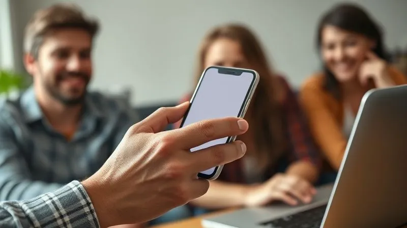 A photorealistic image of a digital nomad politely but firmly declining an invitation on a smartphone, while their other hand is on a laptop, signifying boundaries. Blurred background of friends laughing. Cinematic lighting, sharp focus on the nomad's hands and face, 8K.