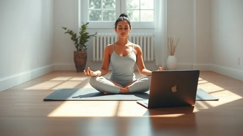 A photorealistic image of a digital nomad meditating peacefully on a yoga mat, with a laptop closed beside them, in a serene, minimalist room with natural light. Cinematic lighting, sharp focus on the person, depth of field, 8K.