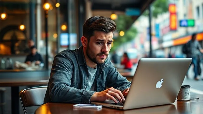 A photorealistic image of a digital nomad sitting at a cafe table, looking confused and overwhelmed by a laptop screen, with a vibrant, distracting city street blurred in the background. Their expression shows a mix of stress and indecision. Cinematic lighting, sharp focus on the nomad's face, depth of field blurring the background. 8K hyper-detailed, professional photography, shot on a high-end DSLR.