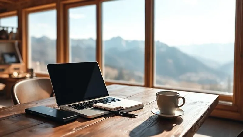 A photorealistic image of a digital nomad's organized and minimalist workspace set up on a rustic wooden table inside a cozy, sunlit AirBnB with a large window overlooking a serene mountain landscape. The laptop is open, a notebook and pen are neatly placed, and a cup of coffee steams gently. Cinematic lighting, sharp focus on the workspace, depth of field blurring the background mountains. 8K hyper-detailed, professional photography, shot on a high-end DSLR. Evokes calm and productivity.