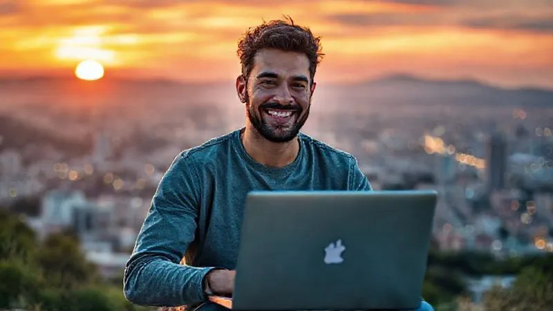 A photorealistic image of a happy and successful digital nomad, smiling confidently while closing a laptop, with a vibrant, inspiring sunset over a beautiful city or natural landscape in the background. The nomad appears relaxed but accomplished. Cinematic lighting, sharp focus on the nomad, depth of field blurring the background. 8K hyper-detailed, professional photography, shot on a high-end DSLR. Evokes success, freedom, and happiness.
