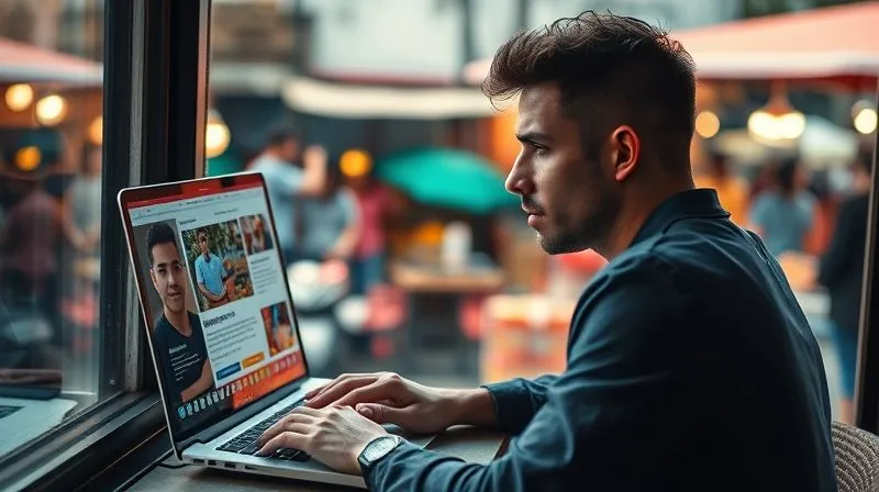 A photorealistic image of a digital nomad looking conflicted, laptop open, but gazing out a window at a vibrant street market. The laptop screen shows a course module, while the market is a blur of activity. Cinematic lighting, sharp focus on the nomad's face showing internal struggle, depth of field blurring the background. 8K, professional photography.