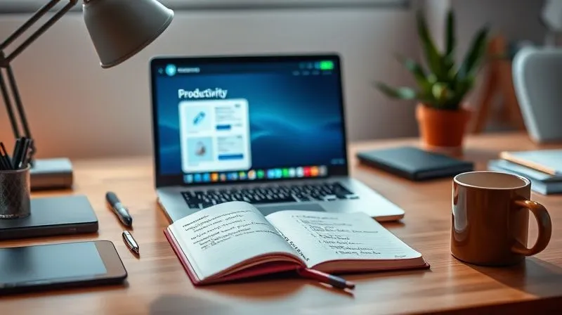 A photorealistic image of a digital nomad's organized desk setup in a minimalist co-working space, featuring a laptop displaying a productivity app, a notebook with handwritten goals, and a focused coffee mug. Cinematic lighting, sharp focus on the tools, depth of field blurring the background. 8K, professional photography, conveying efficiency and order.
