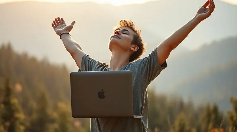 A photorealistic image of a digital nomad, laptop closed, taking a deep breath and stretching amidst a beautiful natural landscape (e.g., mountains or forest). The light is soft and encouraging, reflecting resilience and self-care. 8K, professional photography, cinematic lighting, sharp focus on the person, depth of field blurring the background.