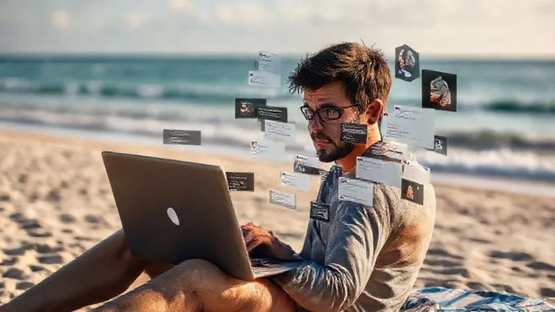 A photorealistic image of a person sitting at a laptop on a beach, but looking distracted and overwhelmed, with many open tabs and notifications on the screen, representing mental clutter and the struggle to focus amidst beautiful but distracting surroundings. Cinematic lighting, sharp focus on the person's expression of mild frustration, depth of field blurring the distant ocean. Shot on a high-end DSLR, 8K hyper-detailed.