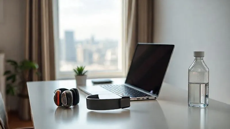 A photorealistic image of a minimalist, yet highly functional and organized temporary workspace set up in a bright, airy Airbnb apartment. A laptop is open on a clean desk, with a pair of noise-canceling headphones, a small plant, and a water bottle nearby. The background shows a glimpse of a city skyline or natural landscape through a window, slightly blurred. Cinematic lighting, sharp focus on the workspace, depth of field. Shot on a high-end DSLR, 8K hyper-detailed.