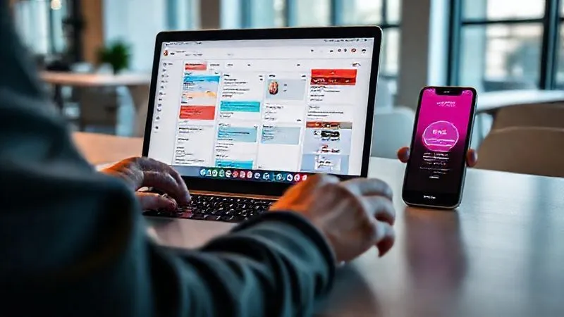 A photorealistic image of a digital nomad's laptop screen displaying a well-organized task management app (like Trello or Notion) with study modules clearly laid out, next to it a smartphone showing a website blocker app actively working. The background is a modern, clean desk in a co-working space. Cinematic lighting, sharp focus on the digital interfaces, depth of field. Shot on a high-end DSLR, 8K hyper-detailed.