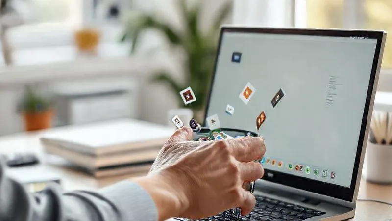 A photorealistic image of a person's hand decluttering a digital desktop, dragging unnecessary app icons into a recycle bin, with a clean, minimalist interface emerging. The background shows a serene, organized workspace with natural light. Cinematic lighting, sharp focus on the hand and screen, depth of field, 8K hyper-detailed, professional photography, shot on a high-end DSLR.