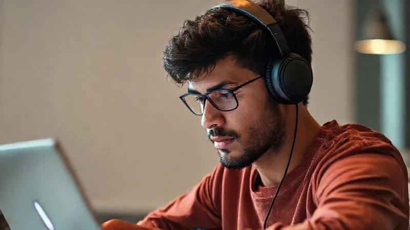 A photorealistic image of a digital nomad wearing noise-cancelling headphones, intensely focused on a laptop screen, with a clear, uncluttered workspace. The background is slightly blurred, showing soft, ambient light. A 'Do Not Disturb' icon is subtly visible on the laptop screen. Cinematic lighting, sharp focus on the nomad's face and laptop, depth of field, 8K hyper-detailed, professional photography, shot on a high-end DSLR.