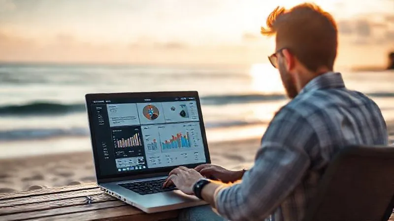 A photorealistic image of a digital nomad looking at a minimalist dashboard on a laptop, showing clear metrics and simplified workflows. The background is a serene beach landscape, suggesting balance and freedom. Cinematic lighting, sharp focus on the dashboard, depth of field, 8K hyper-detailed, professional photography, shot on a high-end DSLR.
