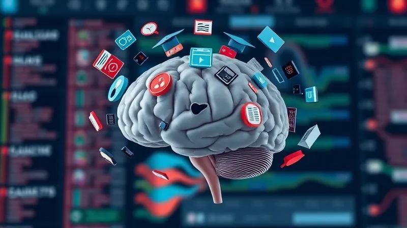 A photorealistic depiction of a person's brain with numerous digital course icons (e.g., play buttons, books, graduation caps) floating around it, creating a sense of mental clutter and overwhelm, set against a blurred background of a busy digital interface. Cinematic lighting, sharp focus, depth of field, 8K hyper-detailed, professional photography, shot on a high-end DSLR.