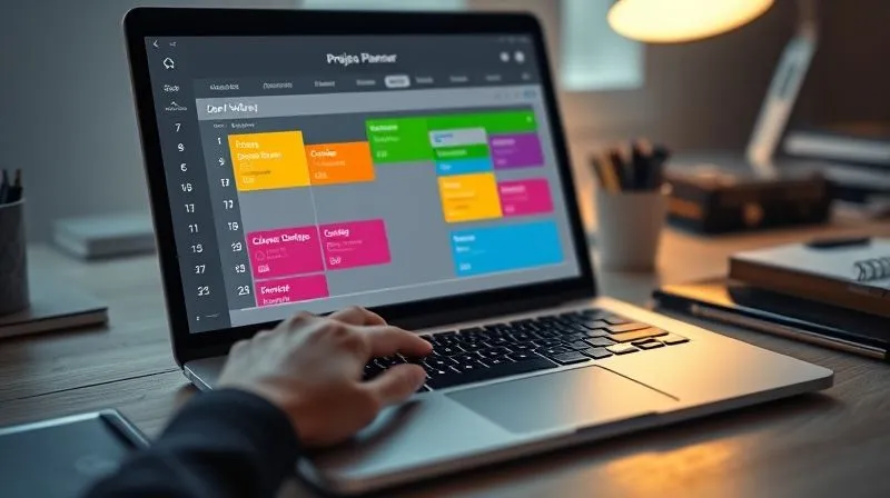 A photorealistic image of a sleek digital planner or project management software interface on a laptop screen, displaying color-coded time blocks for "Deep Work", "Course Study", and "Client Meetings". A hand is hovering over the trackpad, indicating active engagement. The background is a minimalist, organized desk. Cinematic lighting, sharp focus, depth of field, 8K hyper-detailed, professional photography, shot on a high-end DSLR.