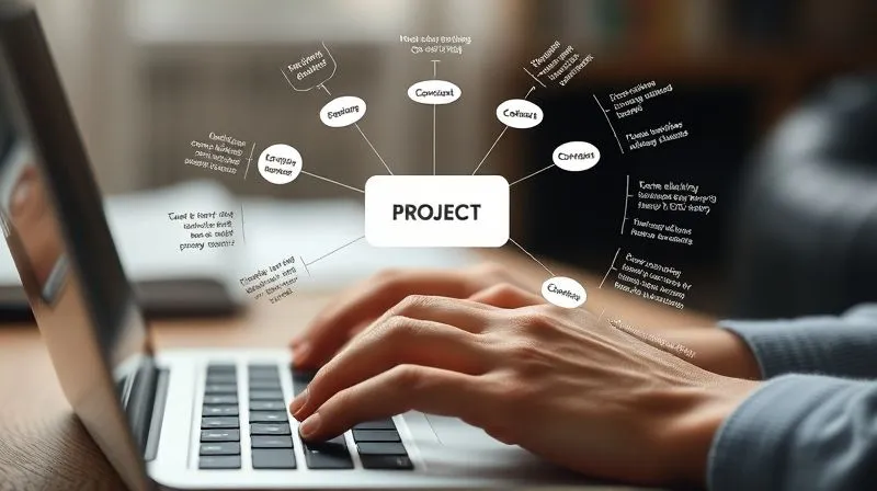 A photorealistic image of hands working on a laptop, with a mind map or concept web visually connecting different ideas and skills learned from various courses to a central project or goal. The scene should convey active learning and synthesis of information. Cinematic lighting, sharp focus, depth of field, 8K hyper-detailed, professional photography, shot on a high-end DSLR.