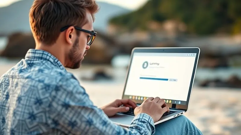 A photorealistic image of a digital nomad working on a laptop in a beautiful, serene natural setting, like a beach or mountain, with a clear sense of peace and focus. The laptop screen displays a learning platform with a flexible progress bar. Cinematic lighting, sharp focus on the nomad and laptop, depth of field blurring the background, 8K hyper-detailed, professional photography, shot on a high-end DSLR.