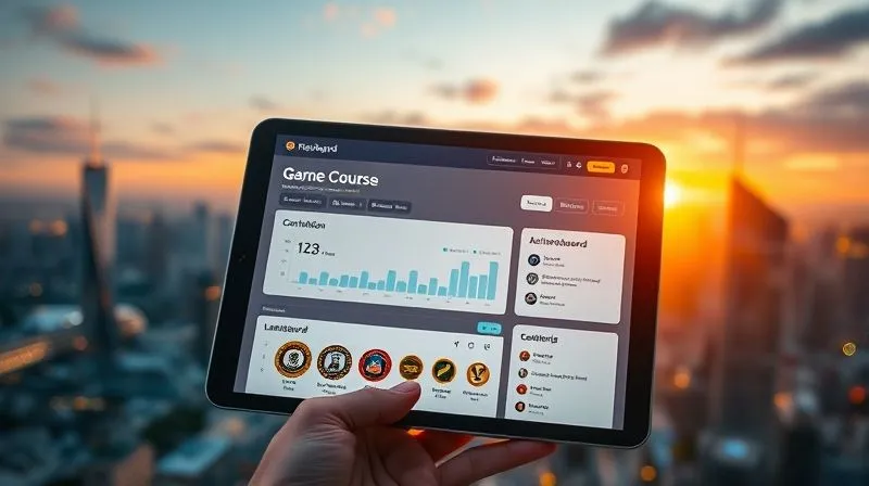 A photorealistic image of a digital dashboard on a tablet, displaying gamified elements for a course: a progress bar nearing completion, a collection of shiny achievement badges, and a small leaderboard. The tablet is held by a hand with a background of a vibrant city skyline at sunset, symbolizing achievement on a global scale. Cinematic lighting, sharp focus on the tablet, depth of field blurring the background, 8K hyper-detailed, professional photography, shot on a high-end DSLR.