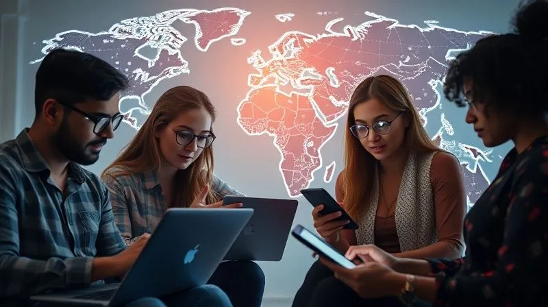 A photorealistic, professional photography of a diverse group of digital nomads, each looking at a different screen (laptop, tablet, phone), with a subtle, glowing network of data lines connecting them across a world map overlay. The image should convey seamless, asynchronous communication and collaboration across different time zones. 8K, cinematic lighting, sharp focus, depth of field, shot on a high-end DSLR.