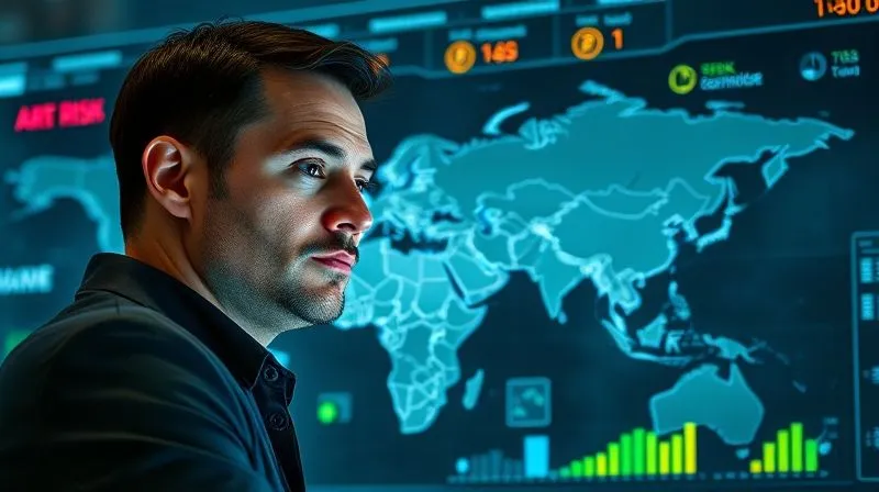 A photorealistic, professional photography of a digital project manager looking at a holographic dashboard displaying various risk metrics (e.g., red alerts for communication breakdown, yellow for technical debt, green for stable infrastructure) overlaid on a world map, with subtle lines indicating global team locations. The manager has a determined expression. 8K, cinematic lighting, sharp focus, depth of field, shot on a high-end DSLR.