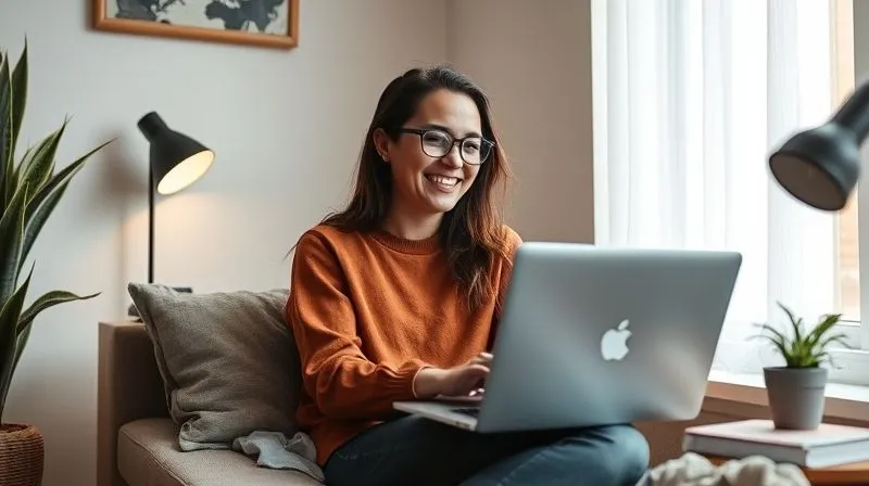 A photorealistic, professional photography of a digital nomad sitting comfortably in a well-lit, minimalist workspace, smiling genuinely while looking at their laptop screen, surrounded by a few personal items. The overall mood should be calm, productive, and balanced, conveying well-being and focus. 8K, cinematic lighting, sharp focus, depth of field, shot on a high-end DSLR.