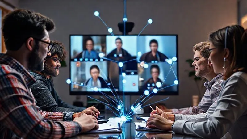 A photorealistic image of a diverse remote team actively engaged in a video conference call, with clear, vibrant communication lines connecting their individual screens. Each team member is focused and contributing, surrounded by digital tools and notes. Cinematic lighting, sharp focus on the collaborative interaction, depth of field blurring the background of their home offices, 8K hyper-detailed, professional photography, shot on a high-end DSLR.