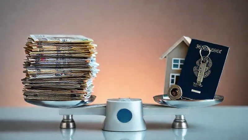 A photorealistic image of a digital scale with stacks of various international currencies and tax documents on one side, and a family photo, a house key, and a passport on the other, representing the delicate balance of determining fiscal residency. Cinematic lighting, sharp focus, depth of field, 8K hyper-detailed.