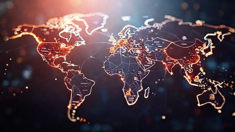 A photorealistic world map with glowing digital lines connecting major cities, overlaid with icons of various currencies and legal documents, symbolizing global business structures for digital nomads. Cinematic lighting, sharp focus on the interconnected lines, depth of field blurring the background, 8K hyper-detailed.