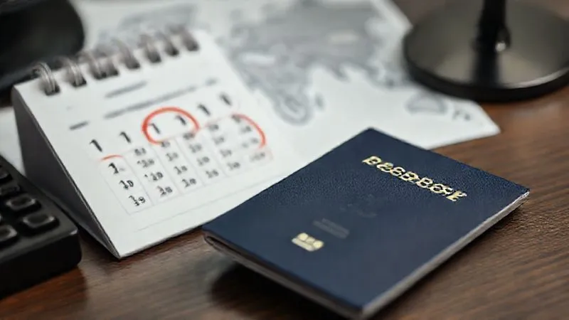 A photorealistic image of an open passport lying on a desk next to a calendar with several dates circled in red, symbolizing the 183-day rule for fiscal residency. A faint, blurred map of the world is in the background. Cinematic lighting, sharp focus on the passport and calendar, depth of field blurring the background, 8K hyper-detailed.