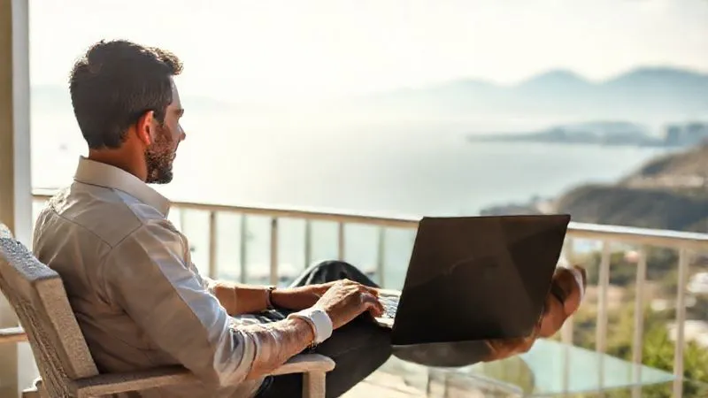 A photorealistic image of a person sitting comfortably with a laptop on a balcony overlooking a serene, sunny coastline with mountains in the distance, symbolizing financial freedom and global mobility. A digital interface with graphs and numbers is subtly reflected on the laptop screen. Cinematic lighting, sharp focus on the person and laptop, depth of field blurring the background, 8K hyper-detailed.