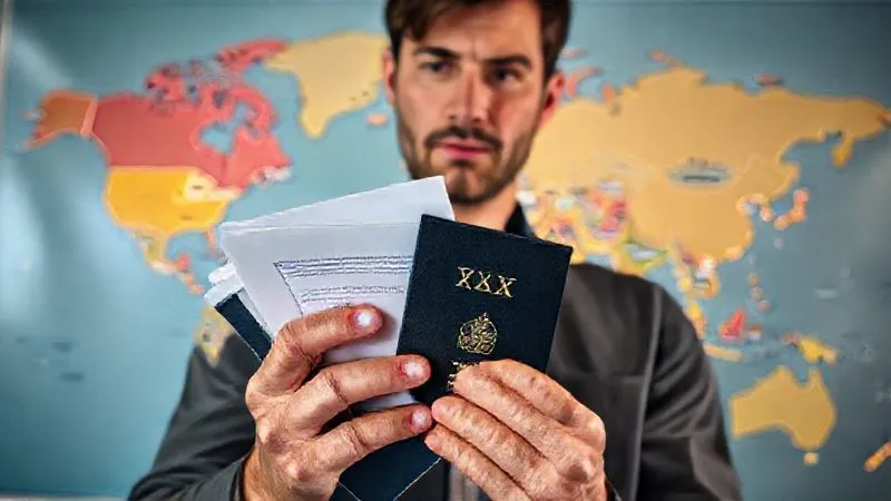 A photorealistic image of a person holding a passport and a stack of official-looking financial documents, looking at a world map with various tax zones highlighted. The person has a determined, slightly relieved expression. Cinematic lighting, sharp focus on the documents and passport, depth of field blurring the map. Professional photography, 8K, conveying the idea of navigating international tax laws for digital nomads.