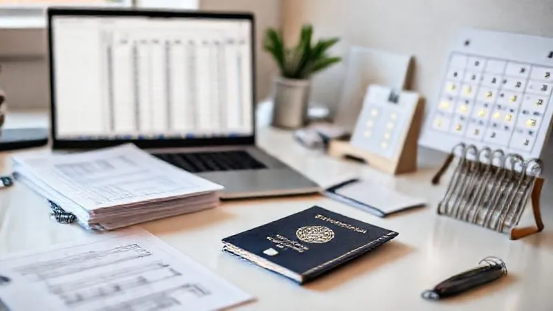A photorealistic image of a highly organized digital workspace with a laptop open to a spreadsheet, a passport, neatly stacked financial documents, and a calendar with highlighted dates. The desk is clean and minimalist, suggesting efficiency and control. Cinematic lighting, sharp focus on the documents and screen, depth of field blurring the background. Professional photography, 8K, conveying meticulous financial planning and organization for a digital nomad.