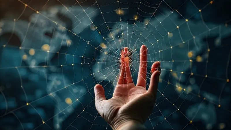 A photorealistic image of a complex spiderweb with subtle glowing threads representing tax regulations, and a person's hand carefully trying to navigate through it, avoiding sticky traps. The background is a blurred, global map. Professional photography, 8K, cinematic lighting, sharp focus on the hand and the intricate web, depth of field blurring the background. Conveys the idea of avoiding pitfalls in international tax planning.