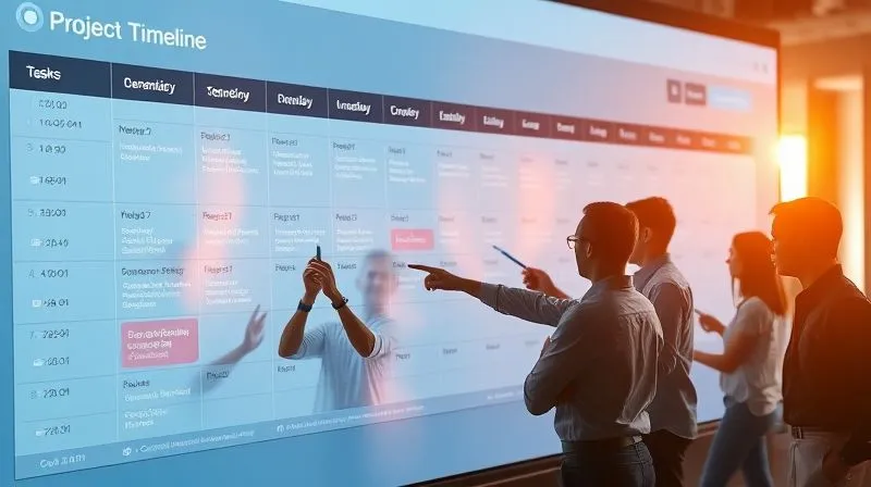 A photorealistic image of a detailed project timeline on a large digital screen, showing tasks, dependencies, and milestones. A diverse team of digital nomads is collaboratively pointing at different sections of the timeline, some holding virtual pointers. The screen is glowing with data visualization, cinematic lighting, sharp focus on the timeline and interaction, depth of field blurring the background, 8K hyper-detailed, professional photography, shot on a high-end DSLR.