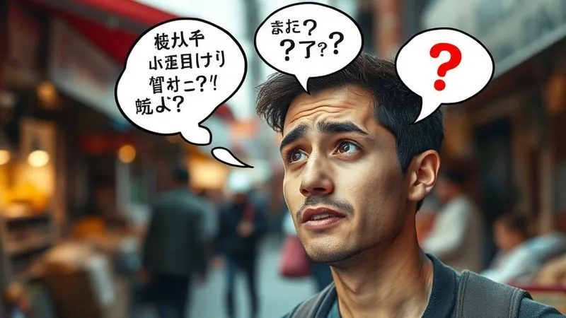 A photorealistic image of a person looking frustrated while trying to speak a foreign language, with thought bubbles above their head showing jumbled words and question marks, set against a blurred background of a street market. The expression is one of confusion and mild embarrassment, with cinematic lighting highlighting their struggle. Professional photography, 8K, sharp focus on the person's face, depth of field blurring the background, shot on a high-end DSLR.