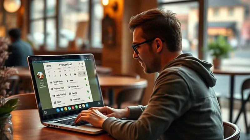A photorealistic image of a digital nomad using a language learning app on a laptop, with a calendar widget showing spaced repetition intervals highlighted. The setting is a cozy cafe in a foreign city, with soft, natural light. The person appears focused and in control of their learning. Professional photography, 8K, cinematic lighting, sharp focus on the laptop screen, depth of field blurring the background, shot on a high-end DSLR.