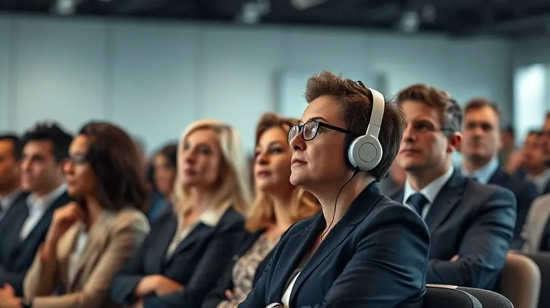 A photorealistic image of a diverse group of business professionals in a modern, sleek conference room, intently listening to a speaker. One individual is wearing headphones, subtly indicating active listening and learning. Cinematic lighting, sharp focus on the listeners' expressions of engagement, depth of field, 8K hyper-detailed, professional photography.