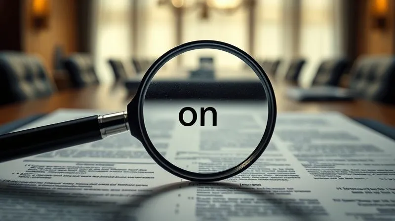 A photorealistic image of a complex legal document or contract with a magnifying glass hovering over a single, small word like 'on' or 'the', highlighting its critical importance. The background is a blurred, high-stakes boardroom. Cinematic lighting, sharp focus on the word under the magnifying glass, depth of field, 8K hyper-detailed, professional photography.