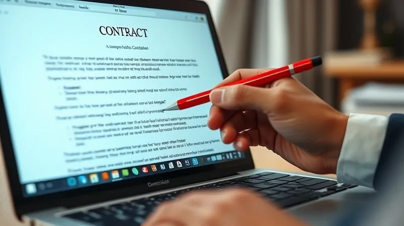 A photorealistic image of a laptop screen displaying a contract document, with a hand holding a red pen making a subtle correction on a grammatical error. The screen also shows a grammar checking software interface with some suggestions. Cinematic lighting, sharp focus on the correction, depth of field blurring the background, 8K hyper-detailed, professional photography.