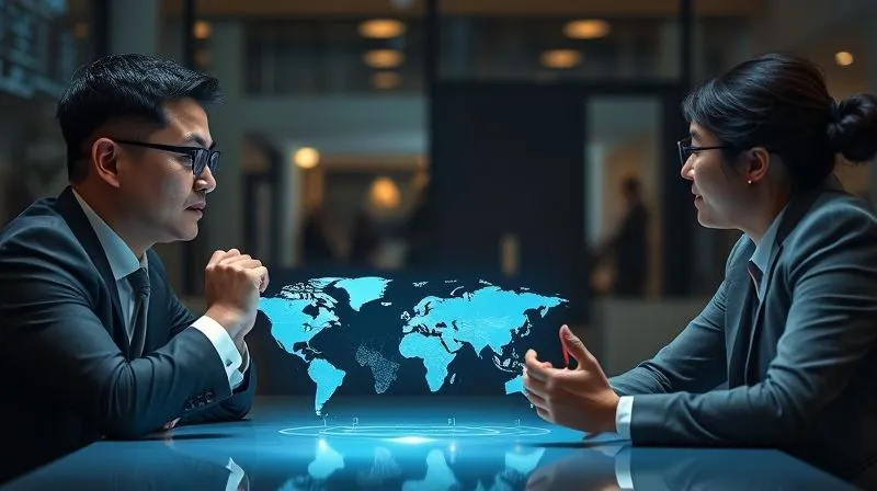 A photorealistic image of two business people from different cultural backgrounds (e.g., one Asian, one European) engaged in a negotiation, with subtle non-verbal cues indicating understanding and connection. A light map of the world is subtly projected onto the table between them. Cinematic lighting, sharp focus on their engaged expressions, depth of field, 8K hyper-detailed, professional photography.