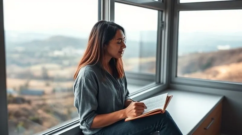 A digital nomad sitting calmly by a window overlooking a scenic landscape, thoughtfully journaling in a notebook, with a clear, focused, and purposeful expression. The scene exudes tranquility and intentionality. Photorealistic, professional photography, 8K, cinematic lighting, sharp focus, depth of field, shot on a high-end DSLR.