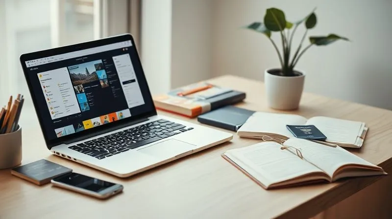 A well-organized digital workspace with a laptop displaying a project management tool (like Trello or Notion), a neatly arranged travel guide, a passport, and a smartphone, all bathed in soft, inviting light, suggesting efficiency and calm. Photorealistic, professional photography, 8K, cinematic lighting, sharp focus, depth of field, shot on a high-end DSLR.