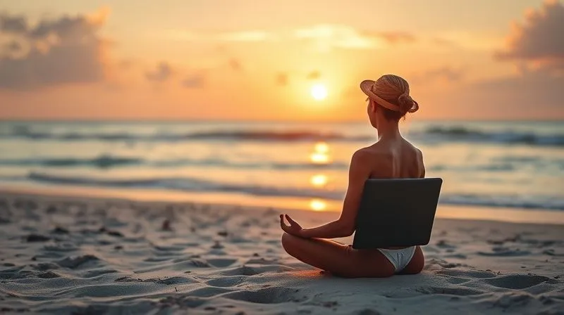 A digital nomad meditating peacefully on a beach at sunrise, or practicing gentle yoga, with a laptop closed nearby, emphasizing the importance of disconnecting and self-care amidst travel. Photorealistic, professional photography, 8K, cinematic lighting, sharp focus, depth of field, shot on a high-end DSLR.