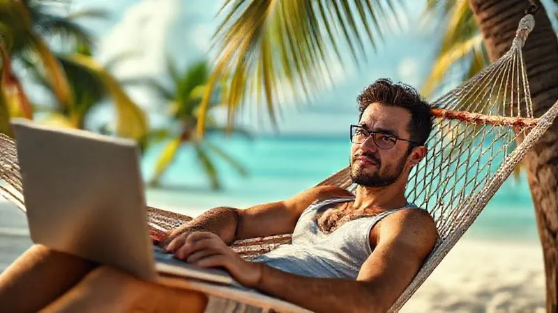 A photorealistic image of a digital nomad sitting comfortably in a hammock on a tropical beach, but with a subtle expression of boredom or unfulfillment on their face, laptop half-open. Cinematic lighting, sharp focus on the nomad, depth of field blurring the background, 8K hyper-detailed, shot on a high-end DSLR.