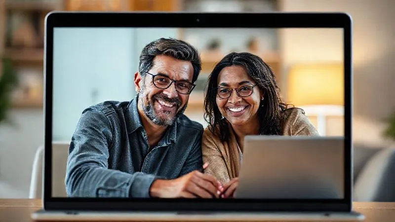 A photorealistic image of a digital nomad having a virtual mentoring session, visible on a laptop screen, with a wise, experienced mentor figure. Both are smiling, conveying connection and guidance. Cinematic lighting, sharp focus on both faces, depth of field blurring backgrounds, 8K hyper-detailed, shot on a high-end DSLR.