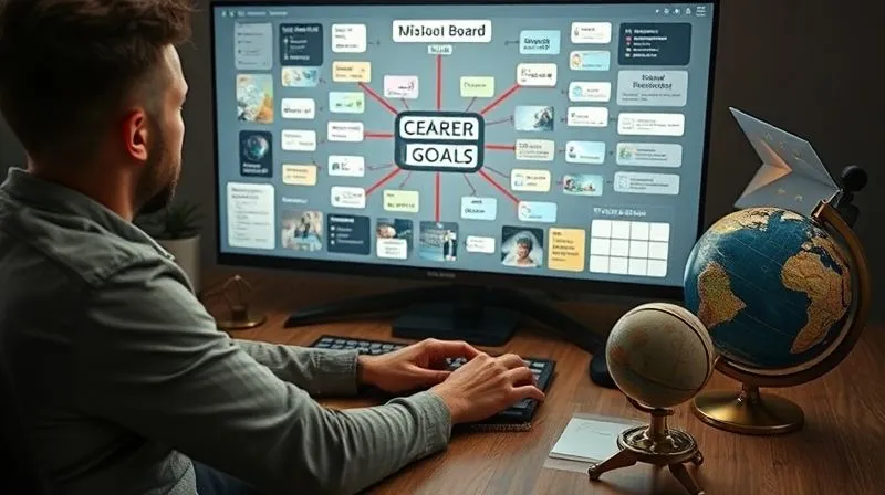 A photorealistic image of a digital nomad sitting at a desk, looking at a detailed mind map or a vision board on a large screen, filled with specific career goals, travel destinations, and skill development plans. A compass and a globe are subtly placed on the desk, symbolizing direction and global reach. Cinematic lighting, sharp focus, depth of field, 8K hyper-detailed, professional photography.