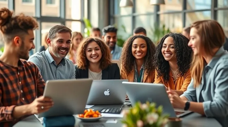 A photorealistic image of a diverse group of digital nomads, some working on laptops, others engaging in lively conversation in a modern, sunlit co-working space. They are smiling and interacting, symbolizing community and collaboration. Cinematic lighting, sharp focus, depth of field, 8K hyper-detailed, professional photography.