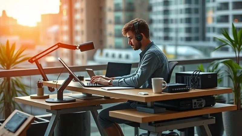 A photorealistic image of a digital nomad working on a modular, adaptable desk setup that can be reconfigured in various ways, surrounded by different tools and technologies. The background shows a blend of urban and natural elements, symbolizing flexibility and innovation. Cinematic lighting, sharp focus on the person and the adaptable workspace, depth of field, 8K hyper-detailed, professional photography.