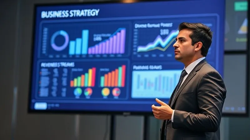 A photorealistic image of a digital nomad confidently presenting a business strategy on a large screen, with multiple charts showing diverse revenue streams and growth projections. The person is well-dressed and articulate, symbolizing expertise and leadership. Cinematic lighting, sharp focus on the presentation and the presenter, depth of field, 8K hyper-detailed, professional photography.