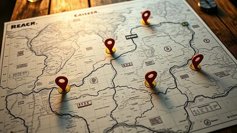 A photorealistic image of a detailed, winding career roadmap laid out on a rustic wooden table, with markers indicating different stages of growth and learning for a digital nomad. The map is illuminated by a warm, cinematic light, with a sharp focus on the path ahead, suggesting future opportunities. 8K, professional photography, depth of field.